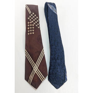 Vintage Wembley Ties (2)  Brown Geometric Skinny Blue Rockabilly Hipster Retro